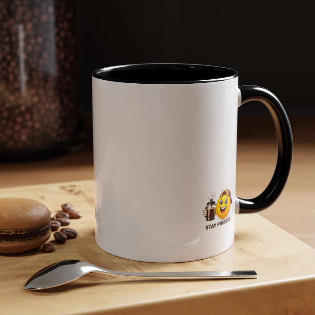 Stay Pressed Coffee Mug — Funny Espresso Emoji Accent Ceramic Mug (11/15oz)