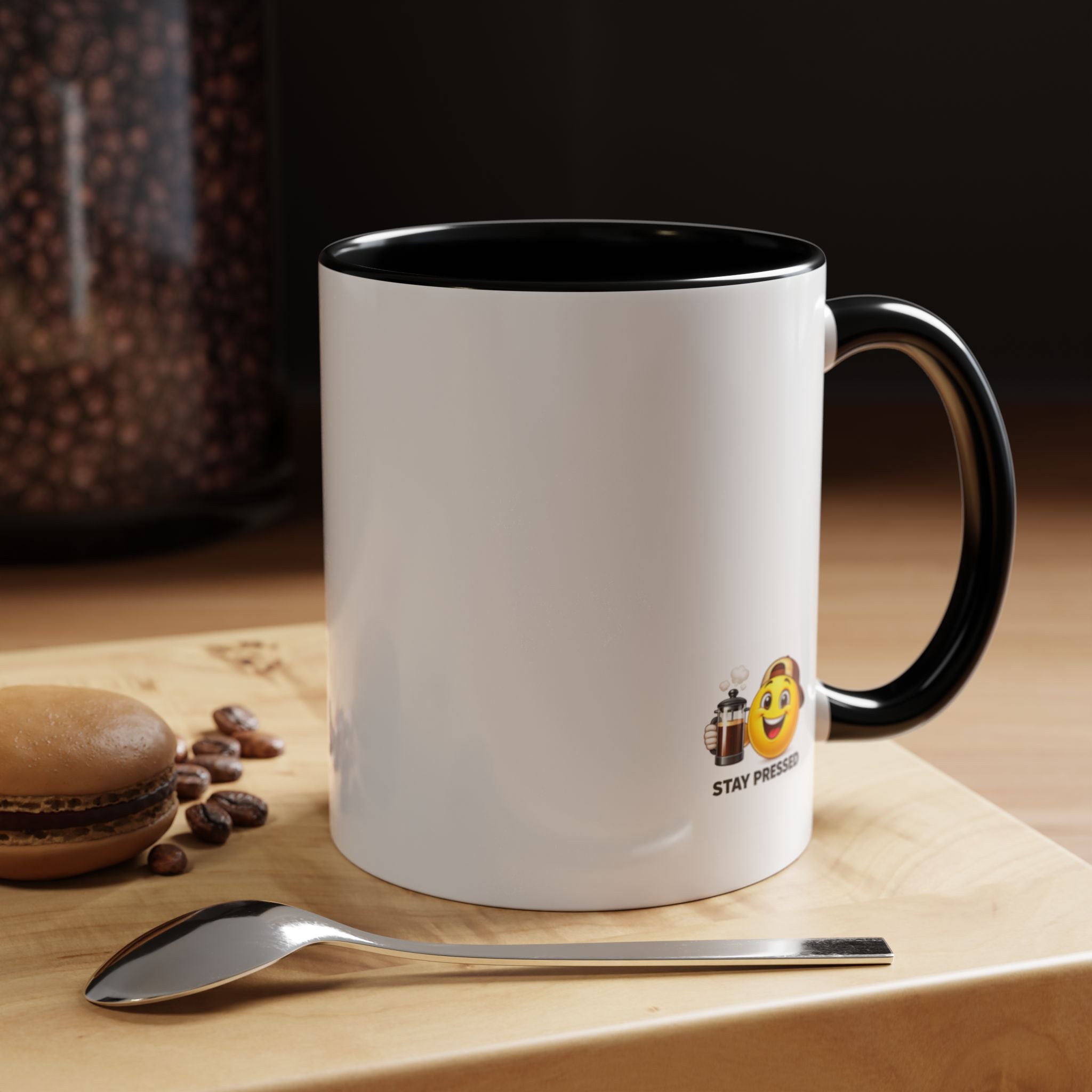Stay Pressed Coffee Mug — Funny Espresso Emoji Accent Ceramic Mug (11/15oz)