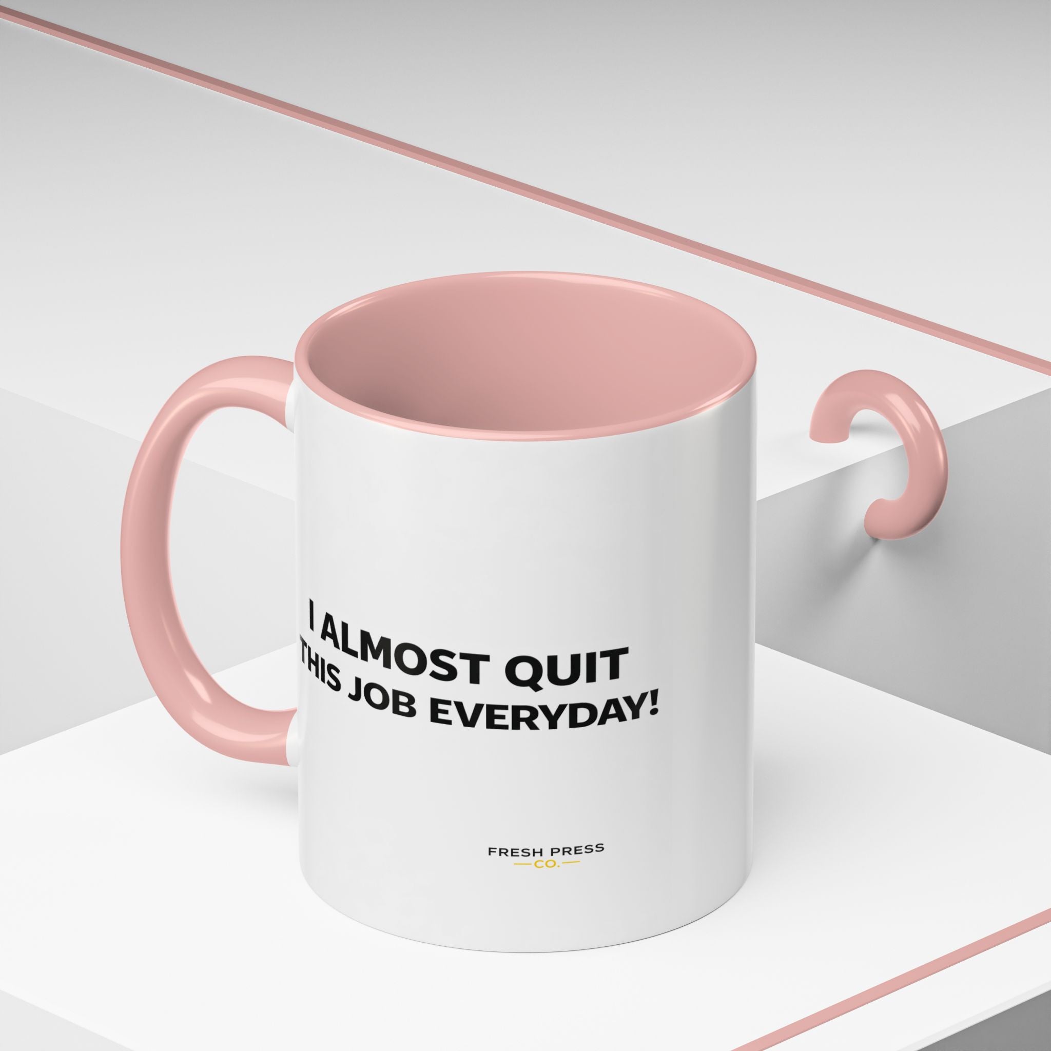 "I almost quit this job everyday" Espresso Mug — Funny Coffee Emoji Accent Mug (11/15 oz)
