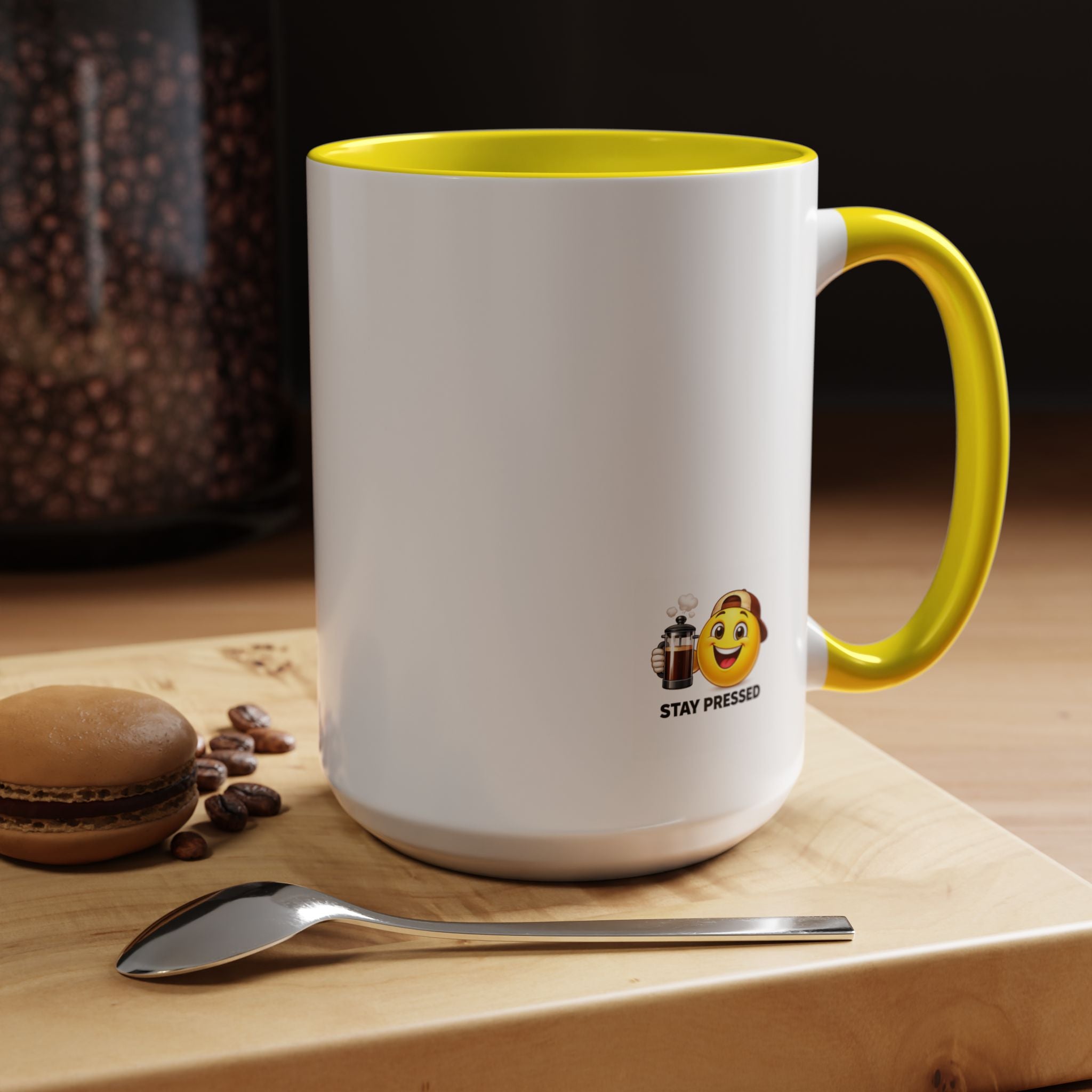 Stay Pressed Coffee Mug — Funny Espresso Emoji Accent Ceramic Mug (11/15oz)