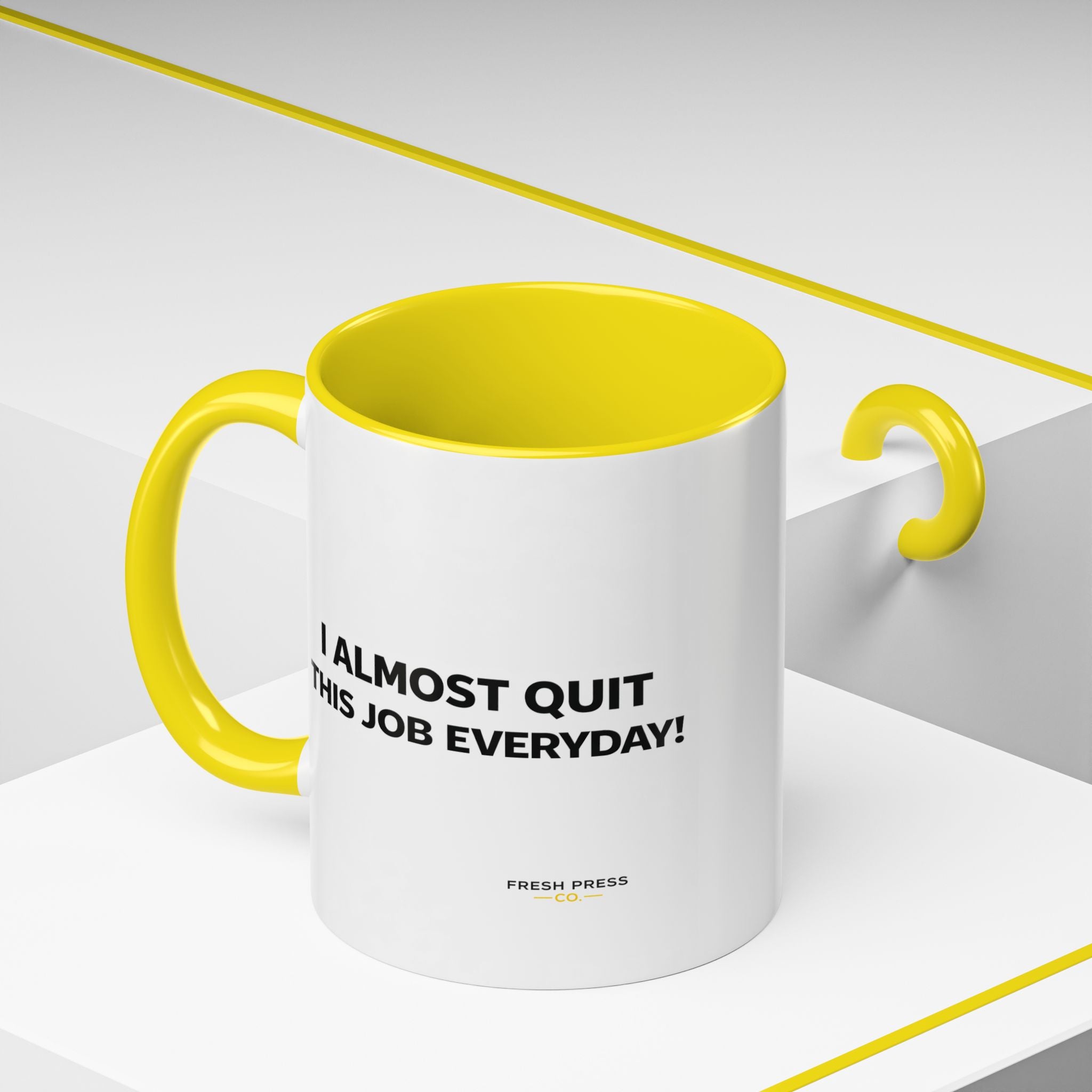 "I almost quit this job everyday" Espresso Mug — Funny Coffee Emoji Accent Mug (11/15 oz)