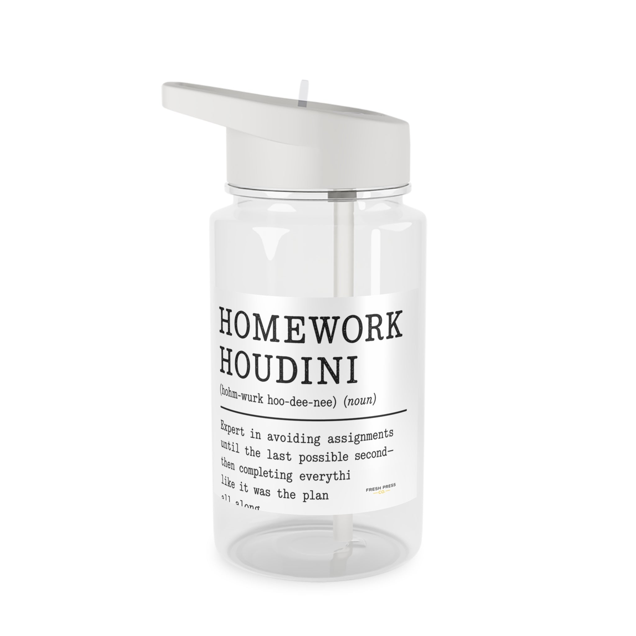 "Homework Houdini" Tritan Water Bottle – Funny Student Definition Bottle with Straw Lid