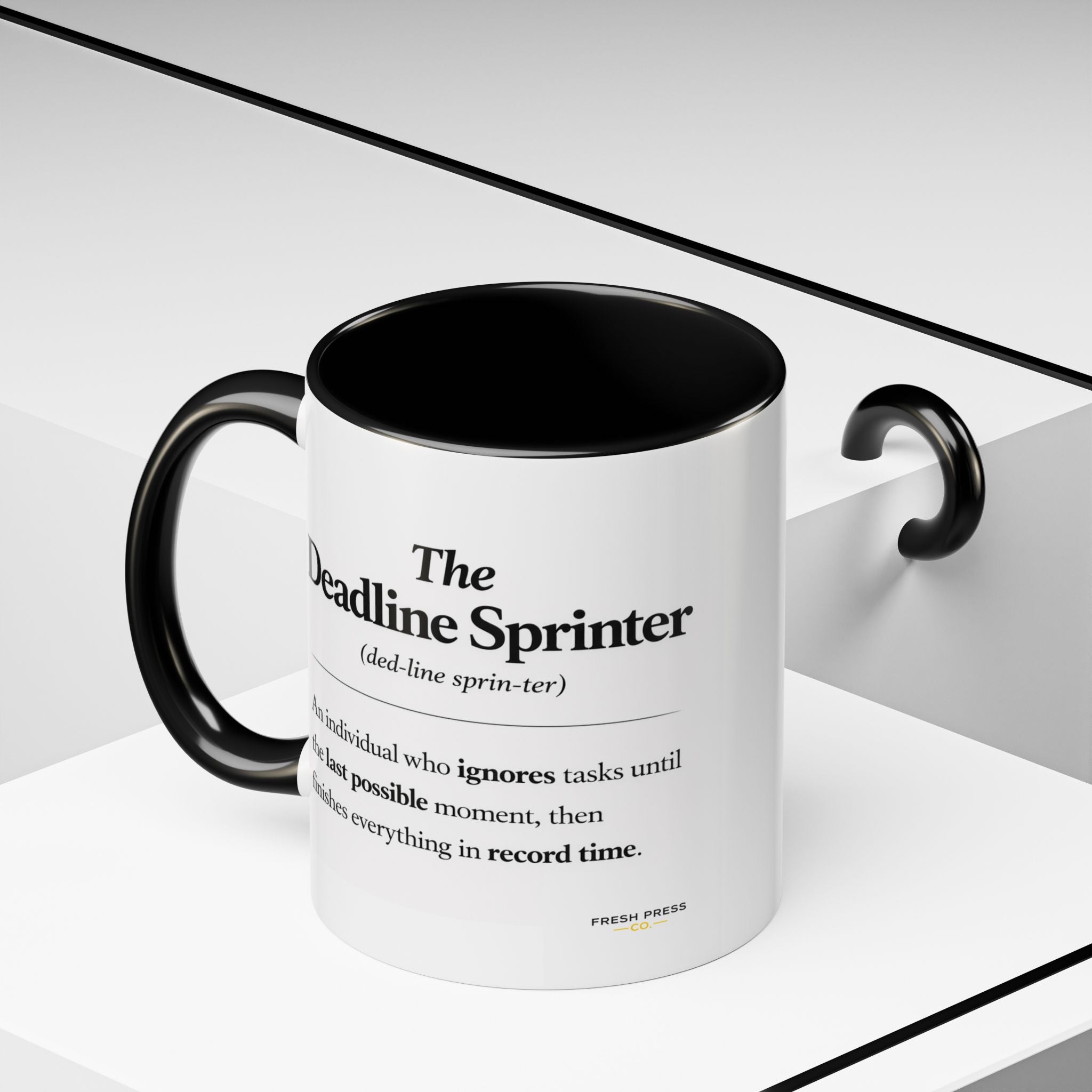 "The Deadline Sprinter" Coffee Mug — Funny Espresso Barista Accent Mug (11/15oz)