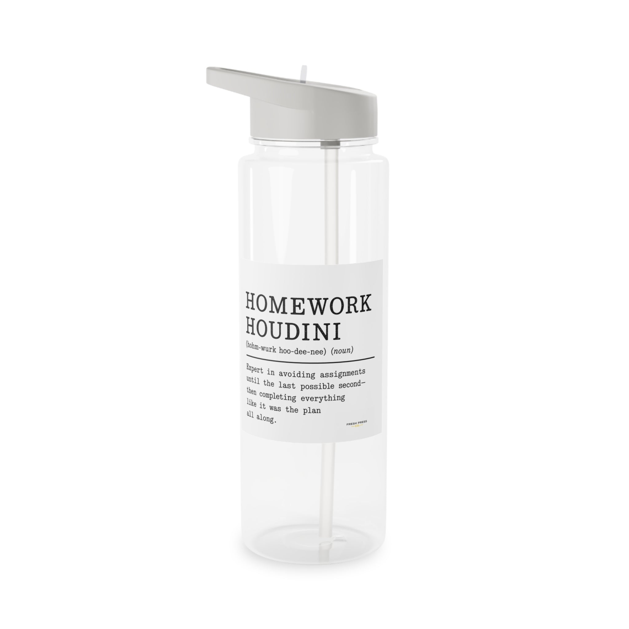 "Homework Houdini" Tritan Water Bottle – Funny Student Definition Bottle with Straw Lid