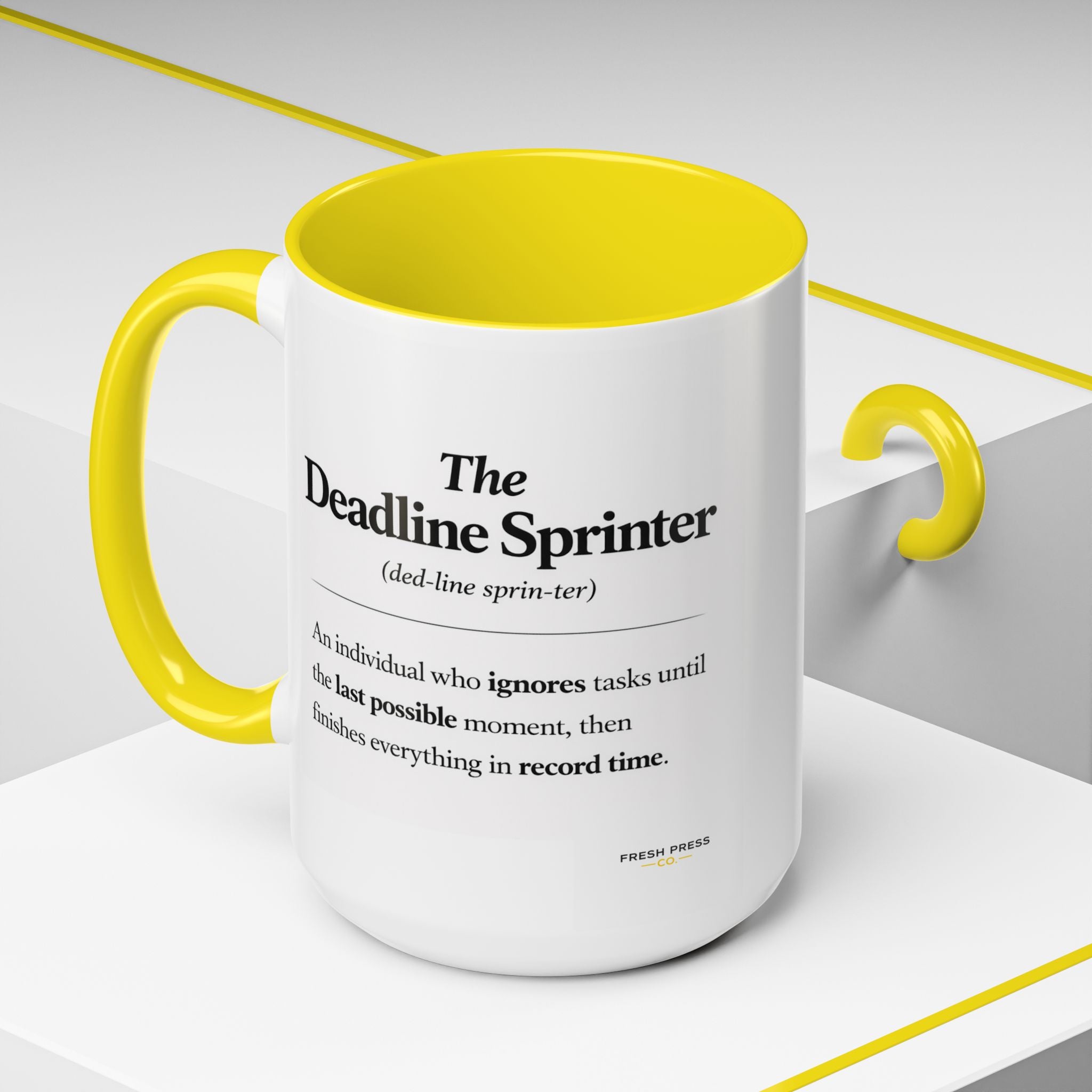 "The Deadline Sprinter" Coffee Mug — Funny Espresso Barista Accent Mug (11/15oz)
