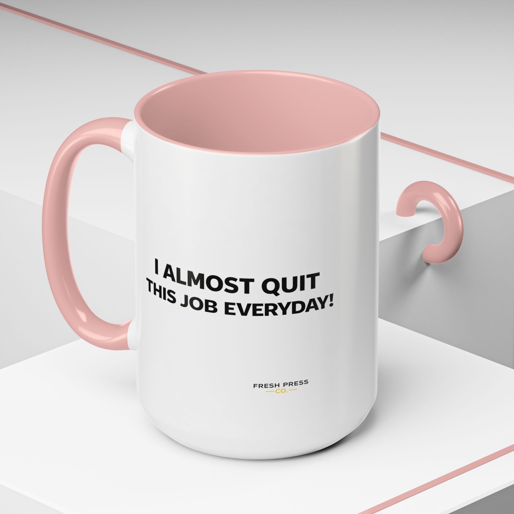 "I almost quit this job everyday" Espresso Mug — Funny Coffee Emoji Accent Mug (11/15 oz)