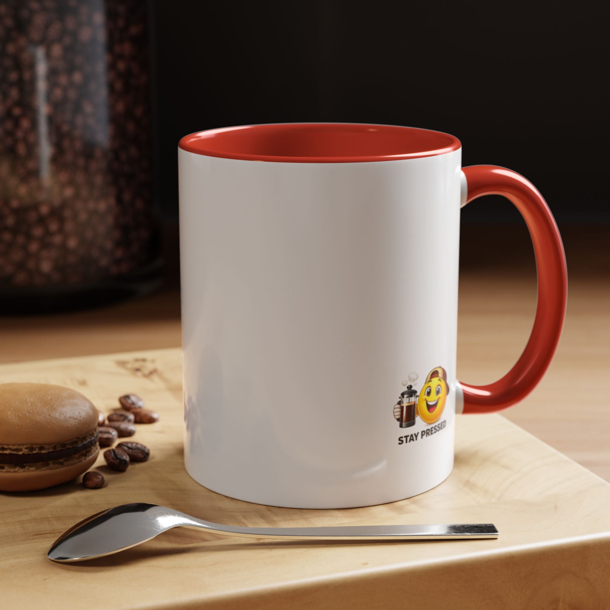 Stay Pressed Coffee Mug — Funny Espresso Emoji Accent Ceramic Mug (11/15oz)