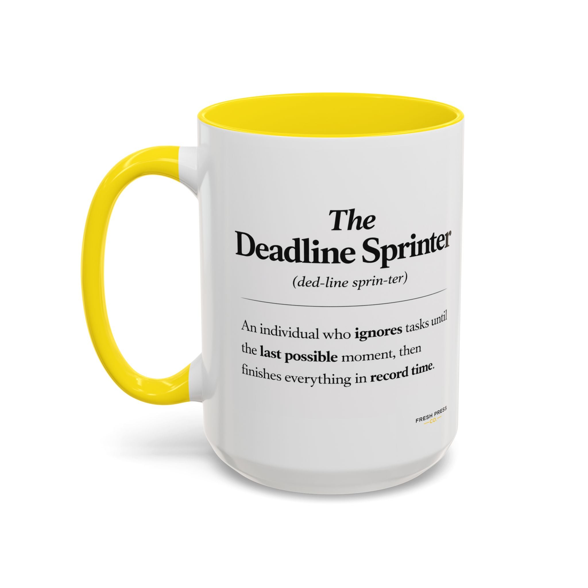 "The Deadline Sprinter" Coffee Mug — Funny Espresso Barista Accent Mug (11/15oz)