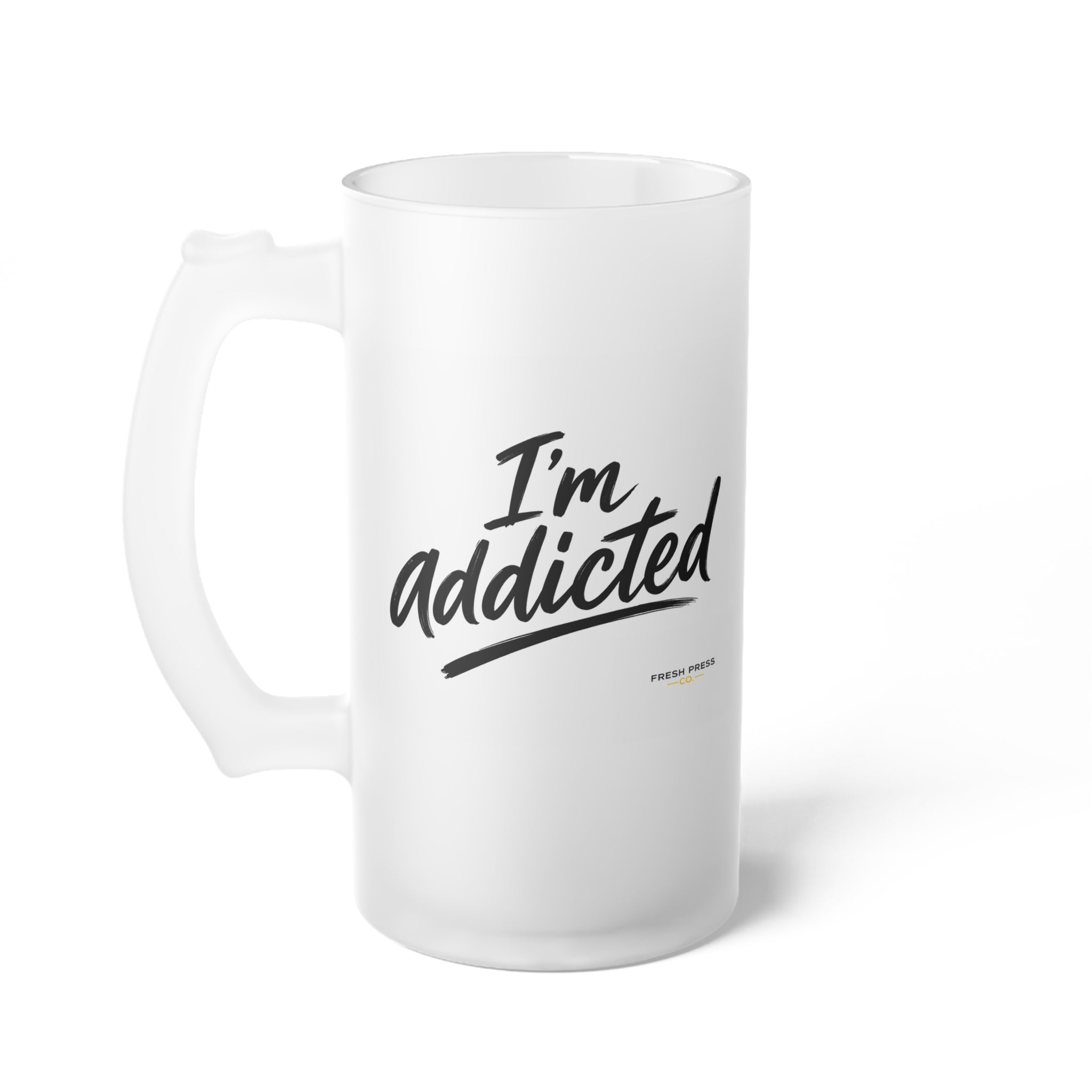 "I'm Addicted" Frosted Glass Beer Mug — 'Aged to Perfection' Script Beer Stein with Cheerful Emoji Accent
