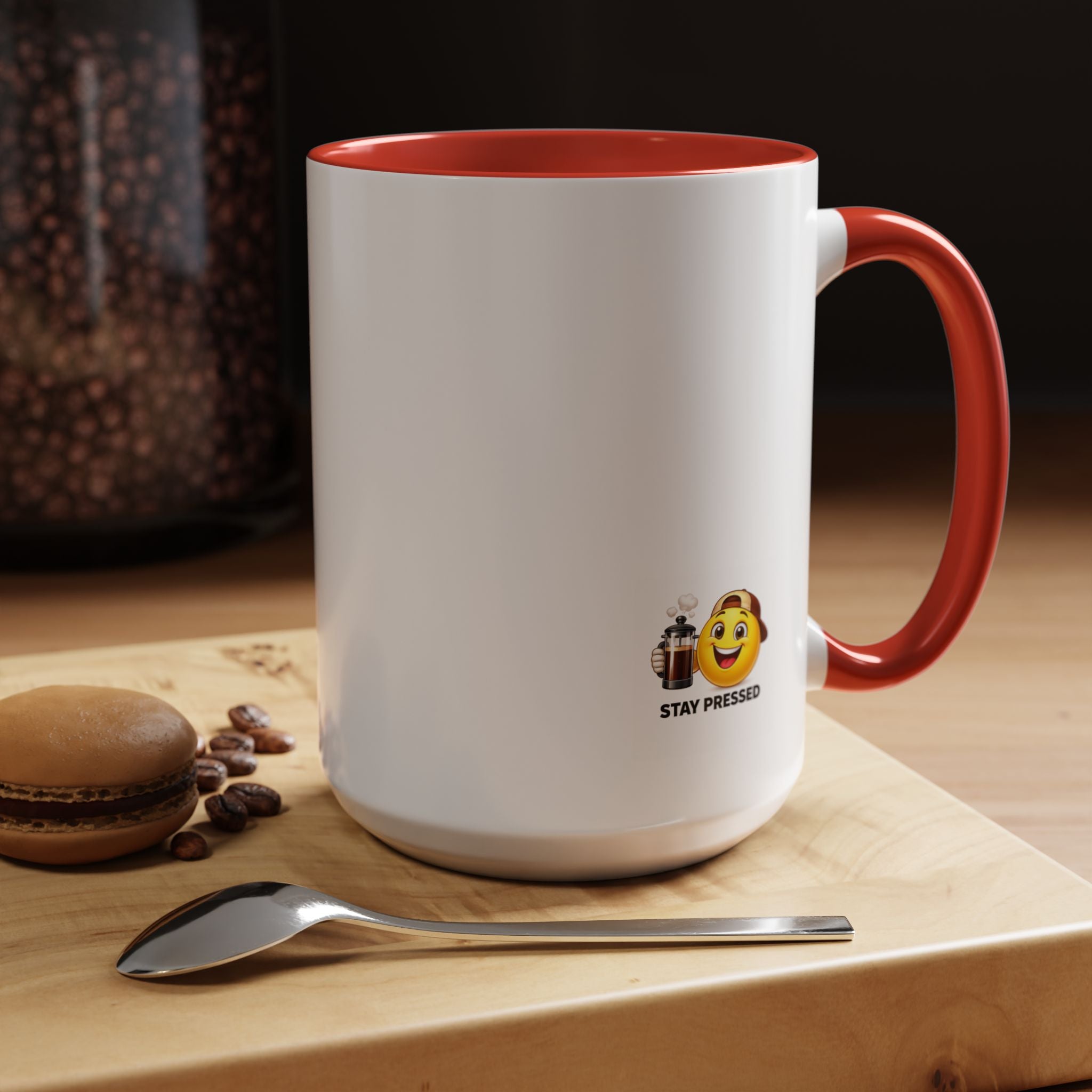 Stay Pressed Coffee Mug — Funny Espresso Emoji Accent Ceramic Mug (11/15oz)