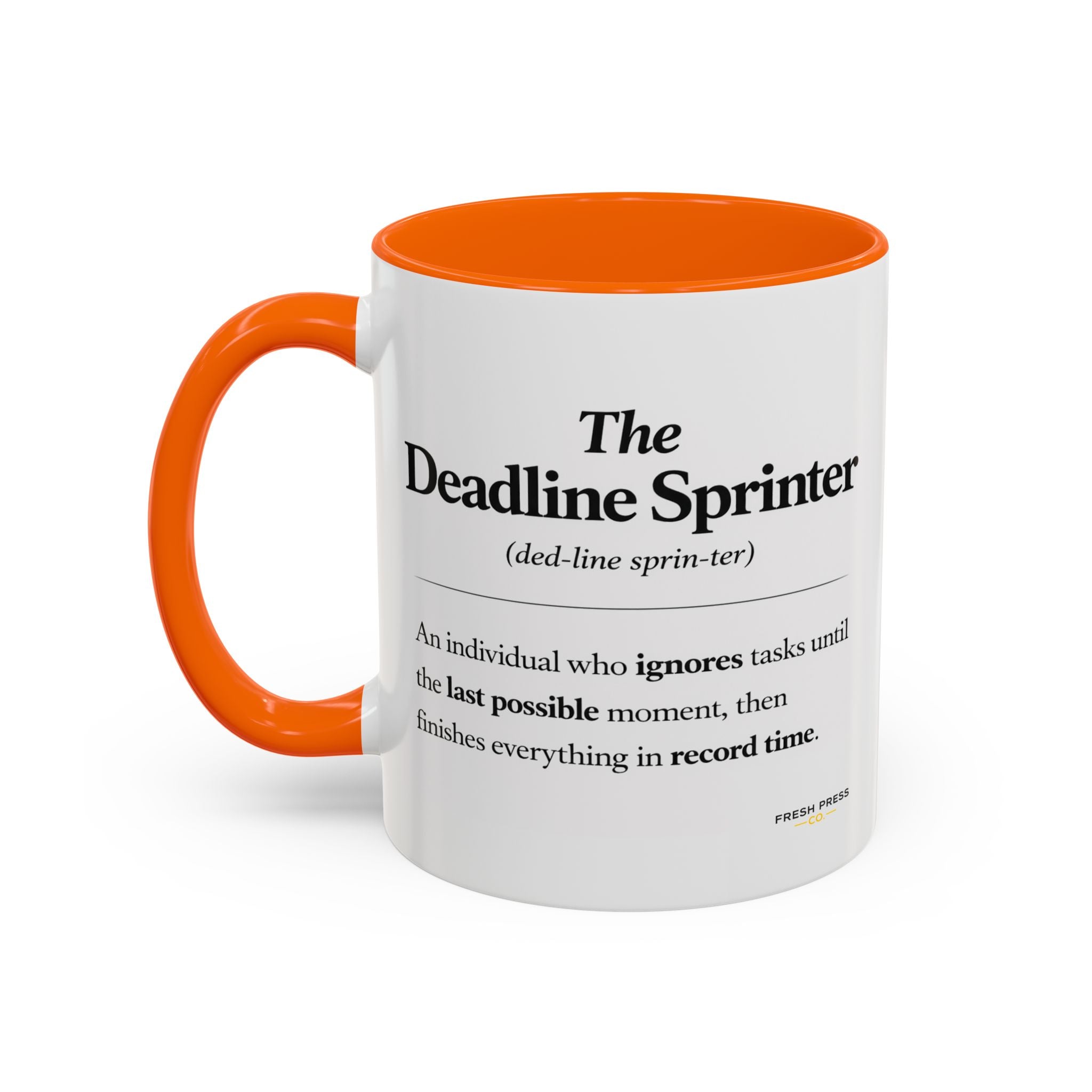 "The Deadline Sprinter" Coffee Mug — Funny Espresso Barista Accent Mug (11/15oz)