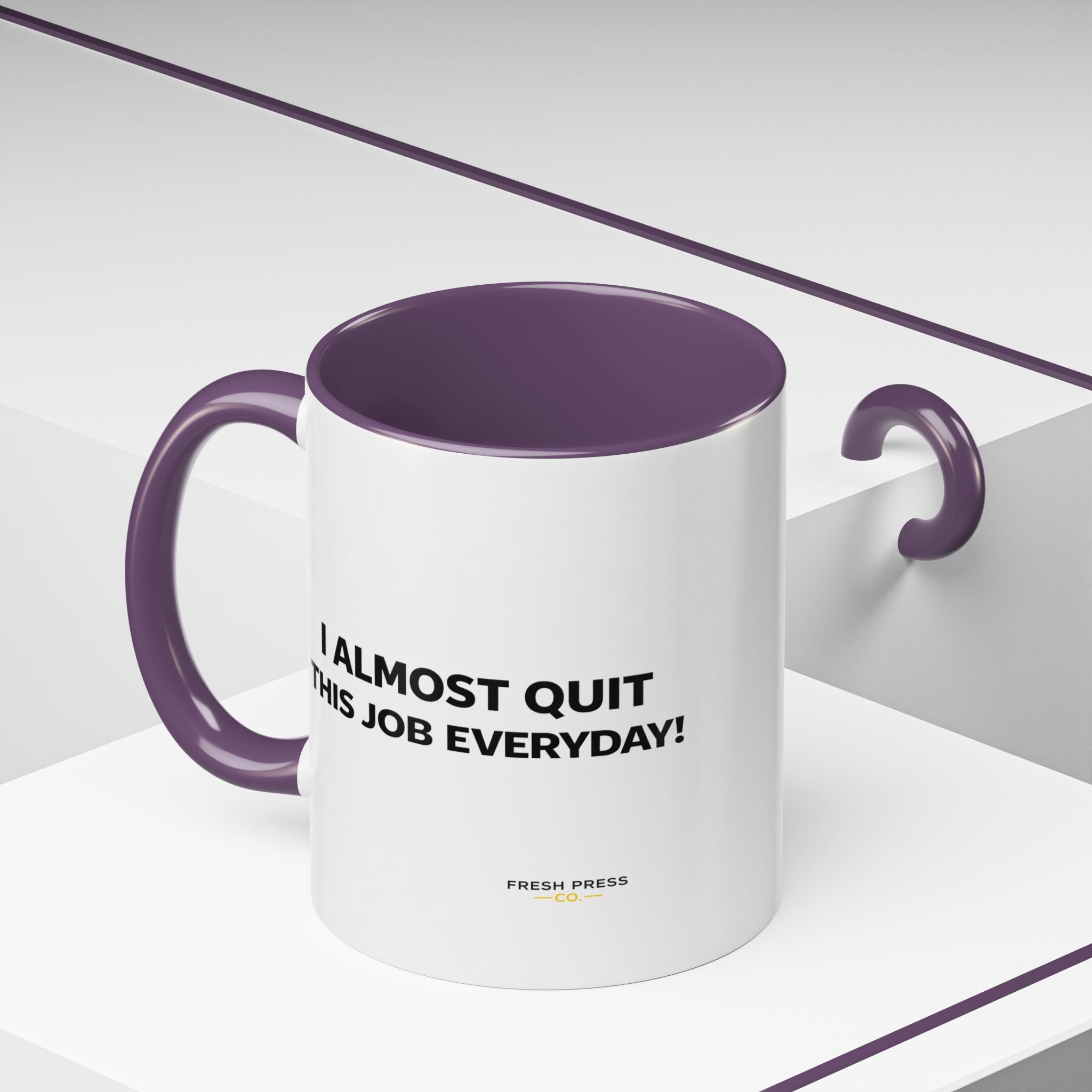 "I almost quit this job everyday" Espresso Mug — Funny Coffee Emoji Accent Mug (11/15 oz)