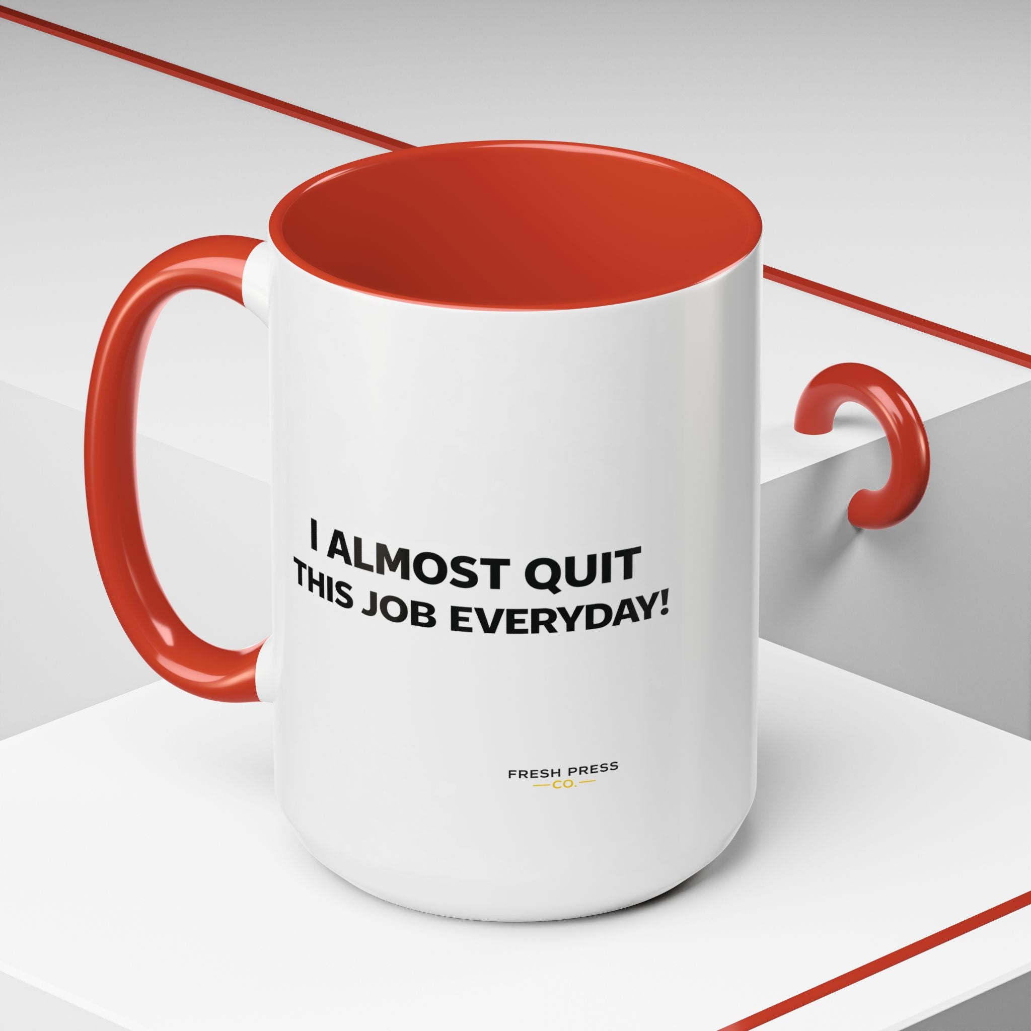 "I almost quit this job everyday" Espresso Mug — Funny Coffee Emoji Accent Mug (11/15 oz)