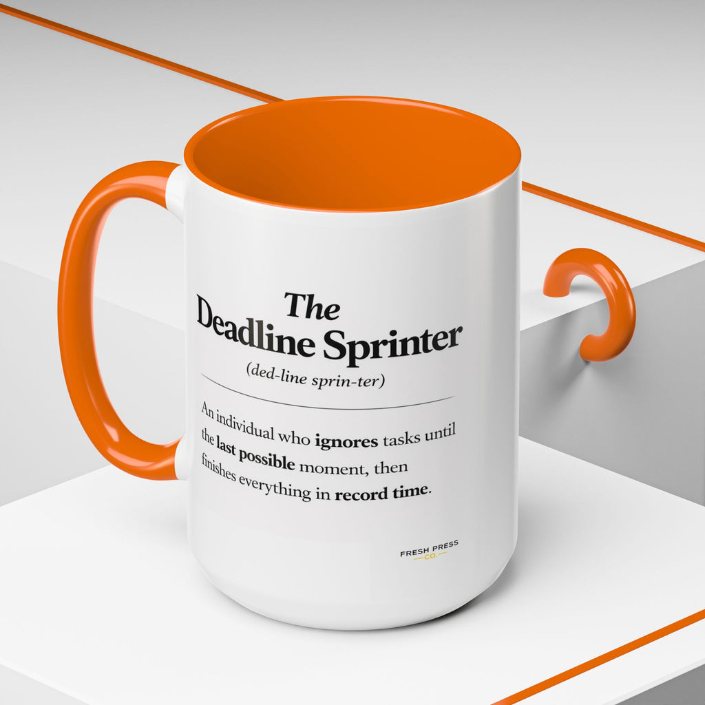 "The Deadline Sprinter" Coffee Mug — Funny Espresso Barista Accent Mug (11/15oz)