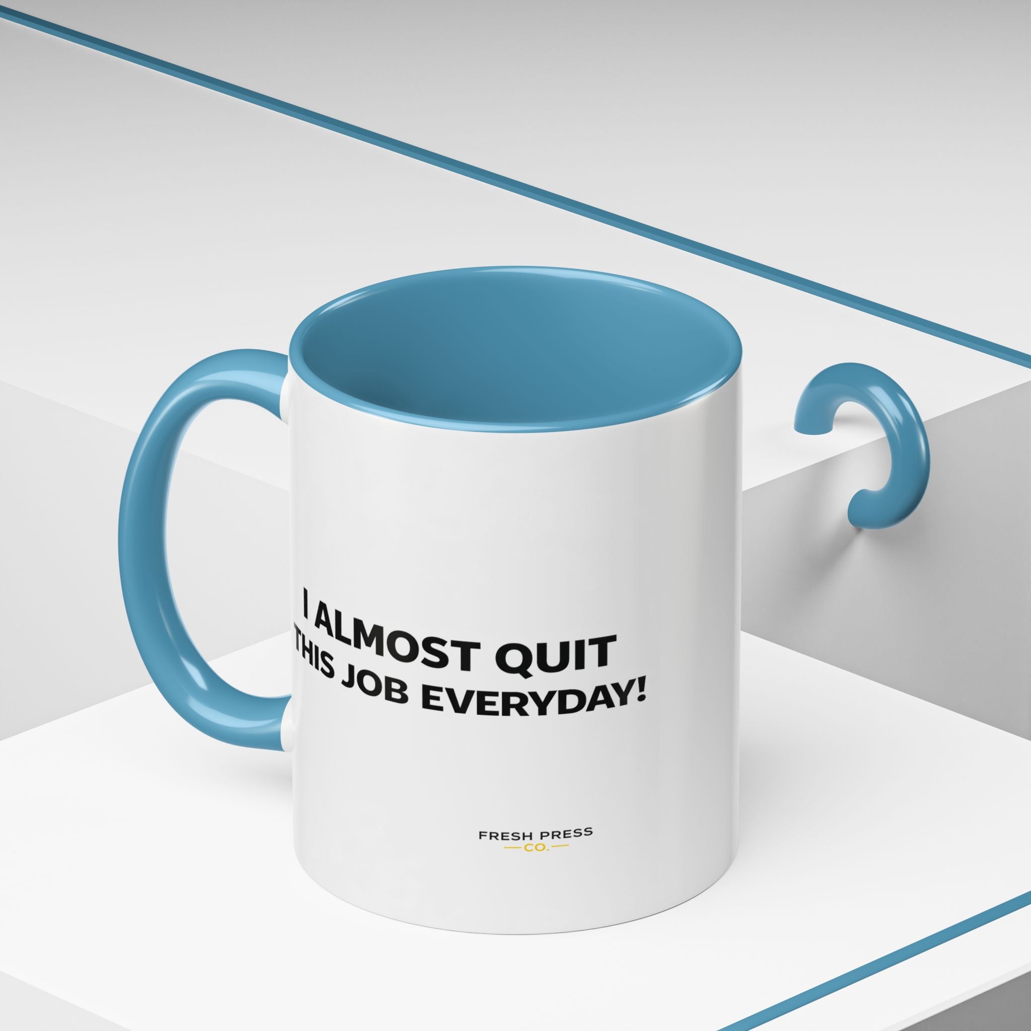 "I almost quit this job everyday" Espresso Mug — Funny Coffee Emoji Accent Mug (11/15 oz)