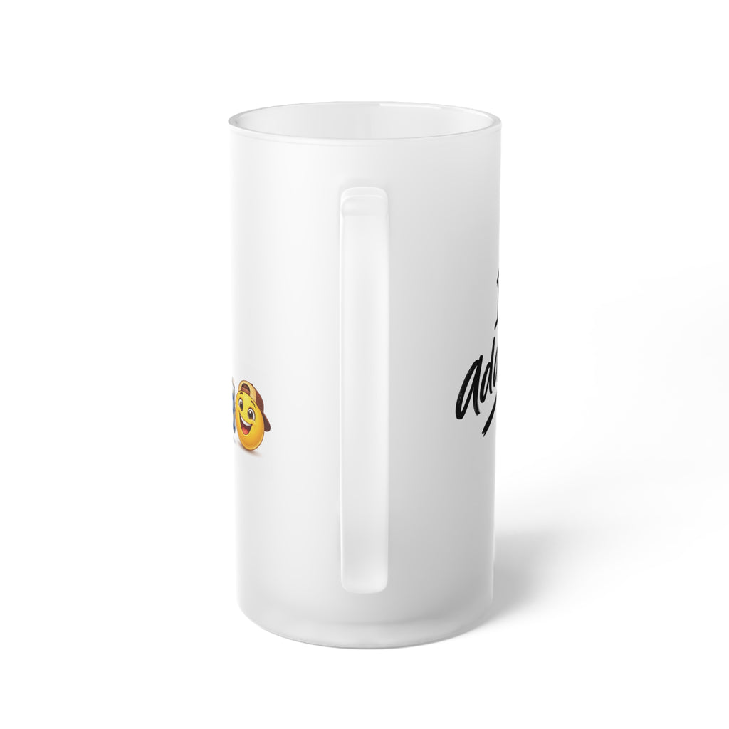 "I'm Addicted" Frosted Glass Beer Mug — 'Aged to Perfection' Script Beer Stein with Cheerful Emoji Accent