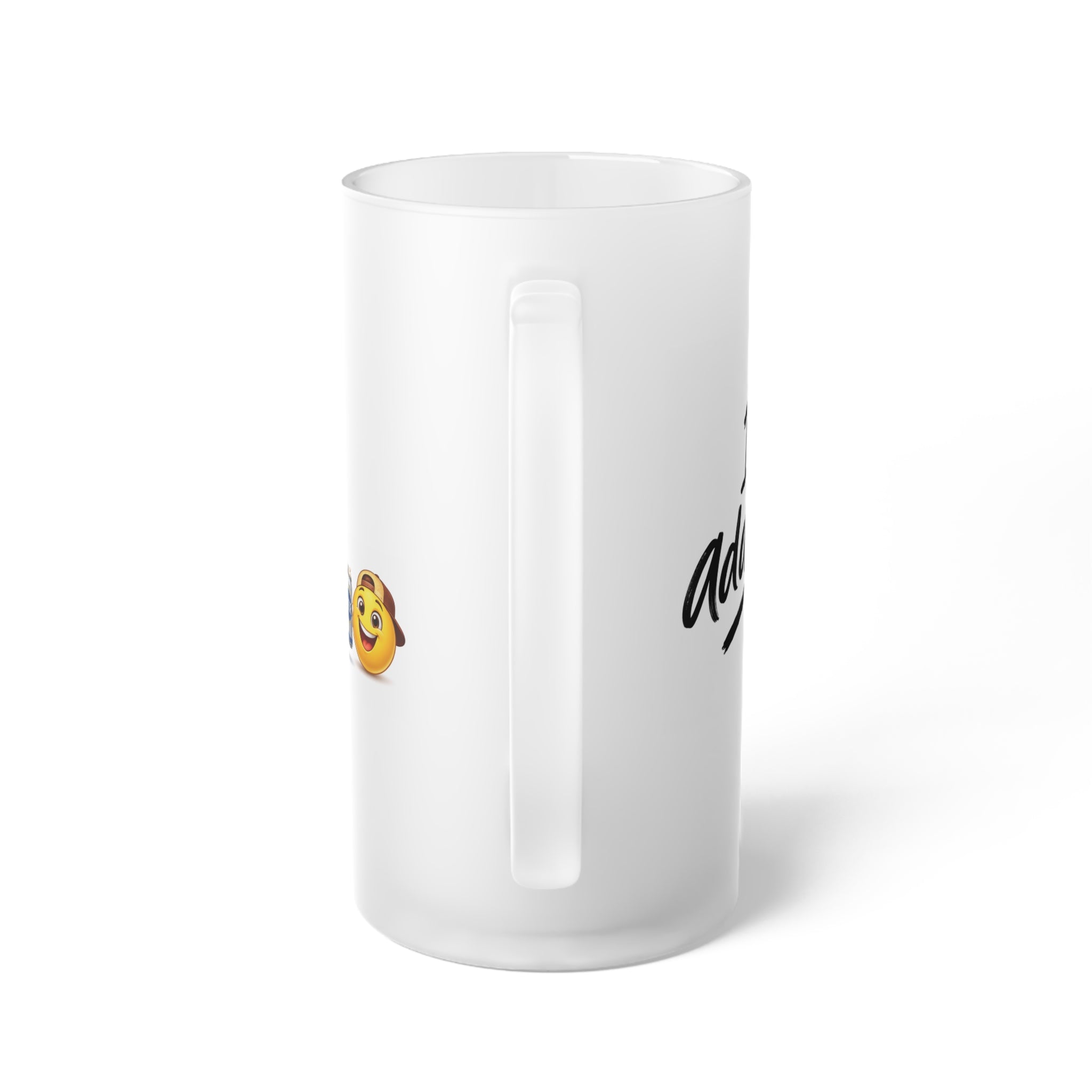 "I'm Addicted" Frosted Glass Beer Mug — 'Aged to Perfection' Script Beer Stein with Cheerful Emoji Accent