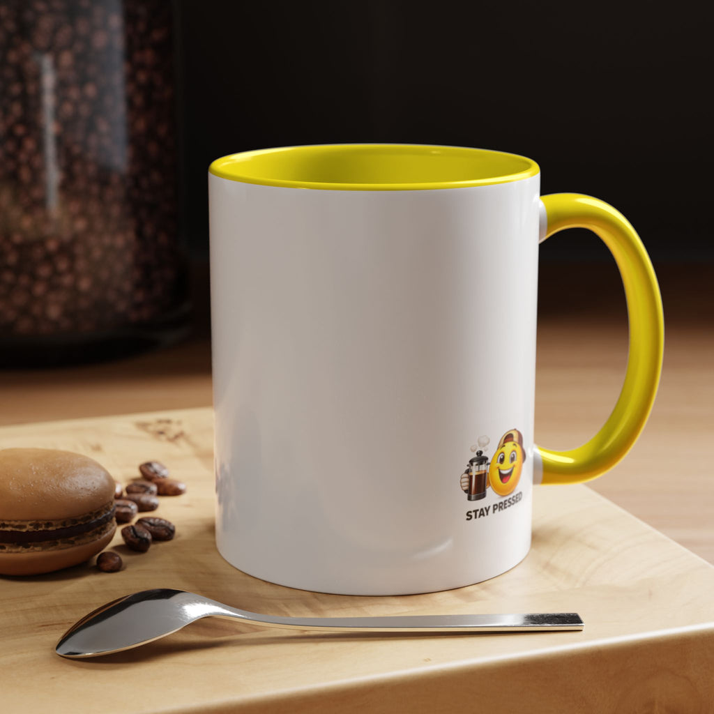 Stay Pressed Coffee Mug — Funny Espresso Emoji Accent Ceramic Mug (11/15oz)