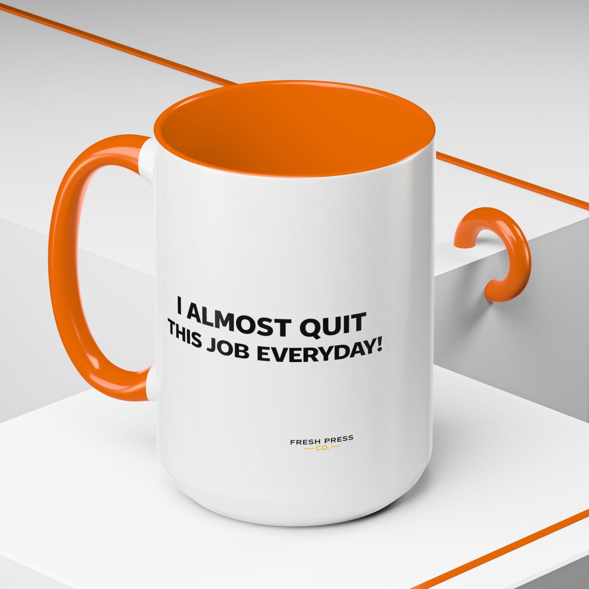 "I almost quit this job everyday" Espresso Mug — Funny Coffee Emoji Accent Mug (11/15 oz)