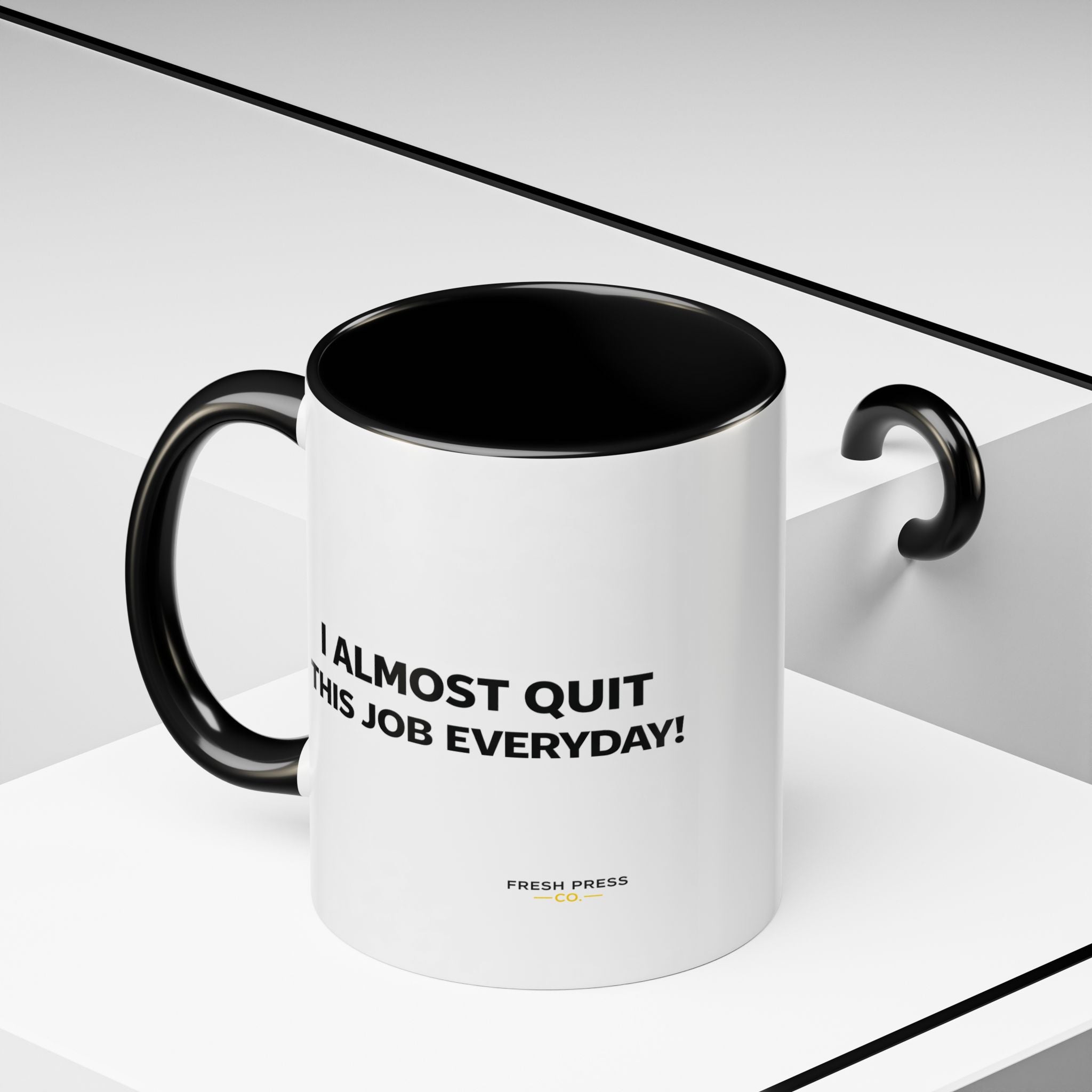 "I almost quit this job everyday" Espresso Mug — Funny Coffee Emoji Accent Mug (11/15 oz)