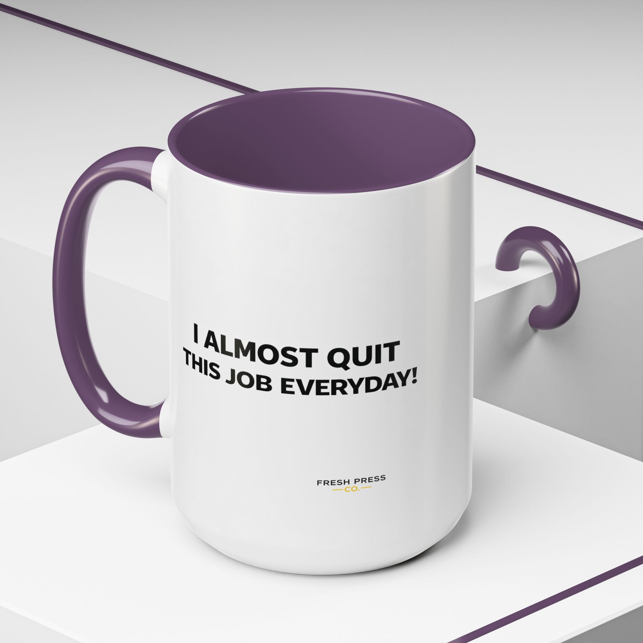 "I almost quit this job everyday" Espresso Mug — Funny Coffee Emoji Accent Mug (11/15 oz)