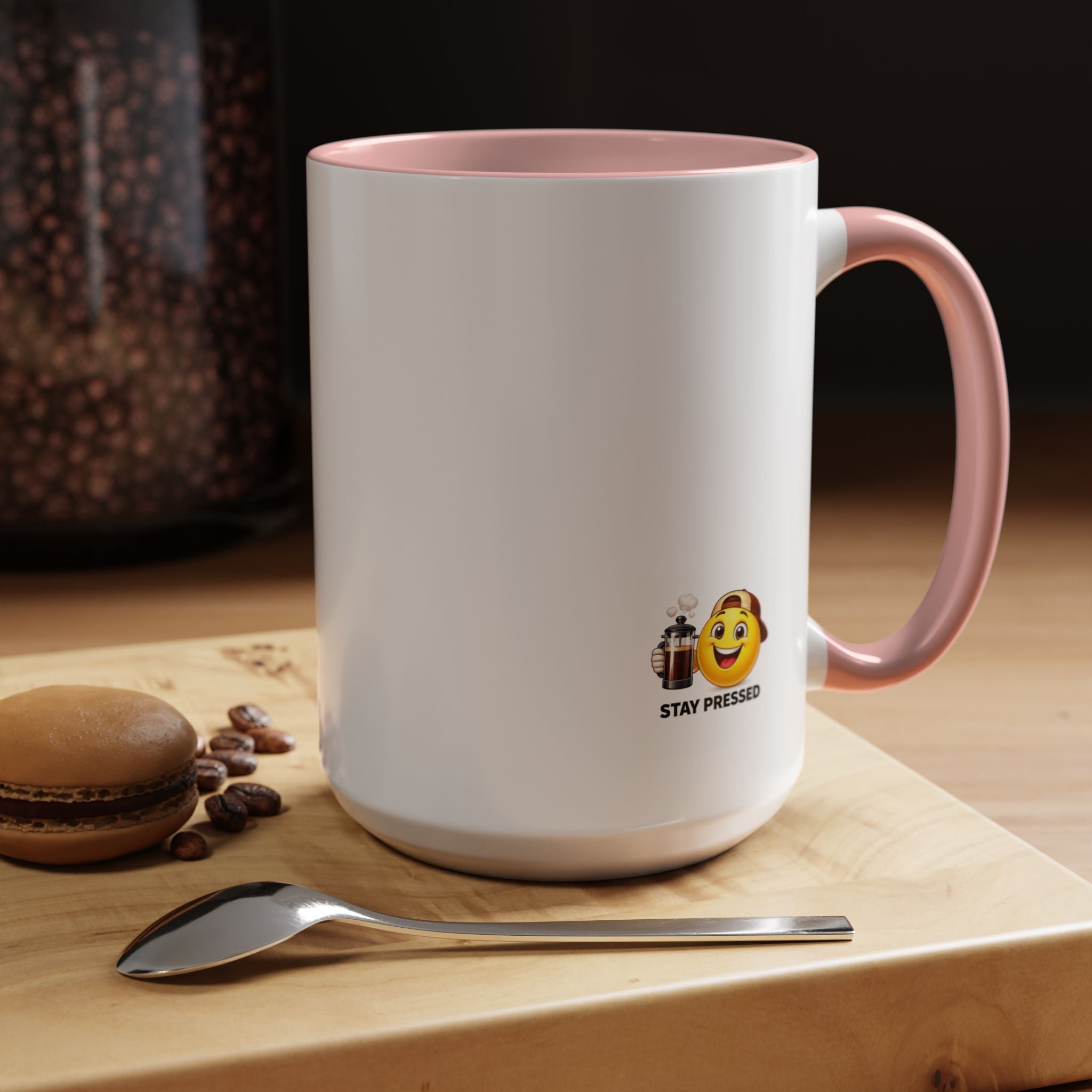 Stay Pressed Coffee Mug — Funny Espresso Emoji Accent Ceramic Mug (11/15oz)