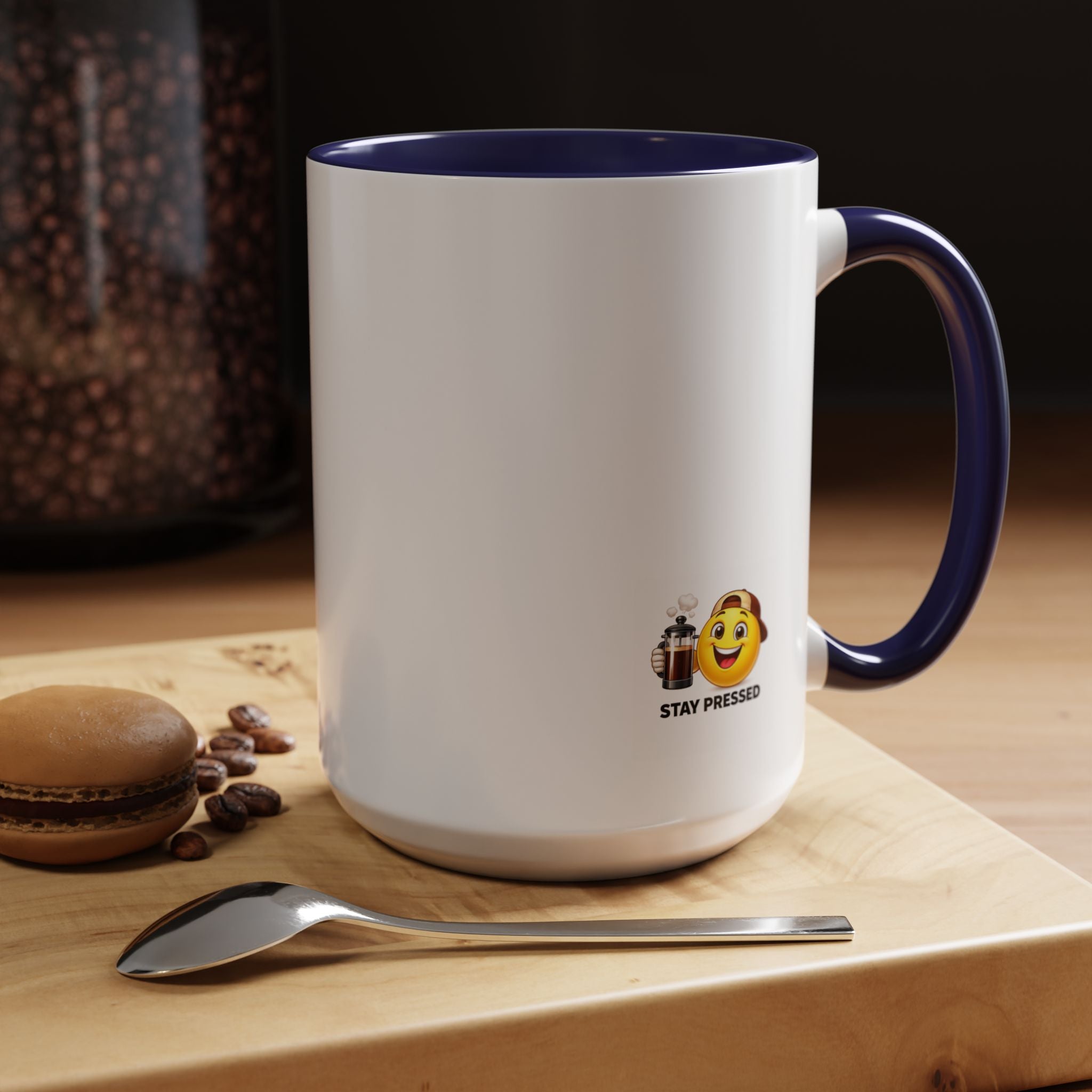 Stay Pressed Coffee Mug — Funny Espresso Emoji Accent Ceramic Mug (11/15oz)