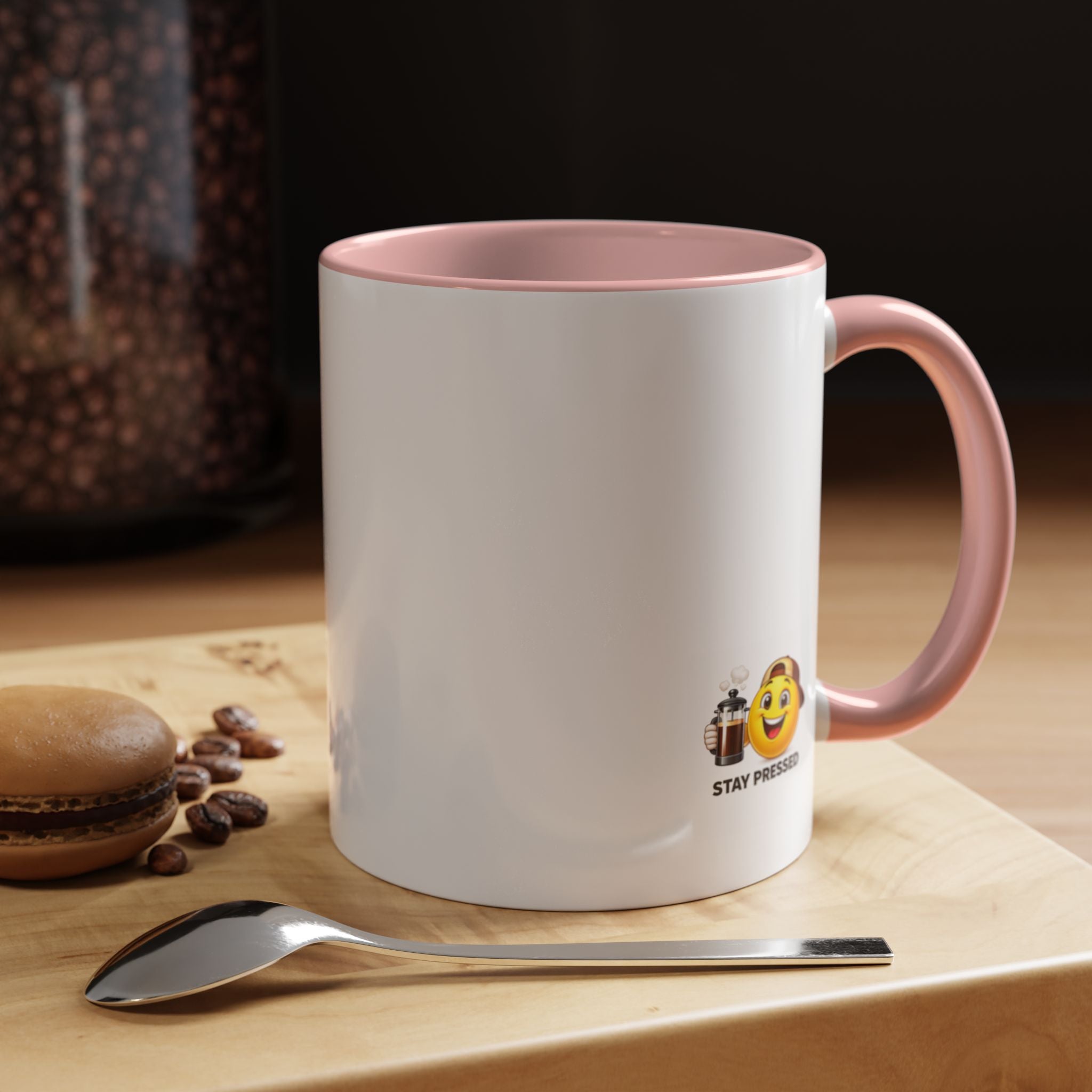 Stay Pressed Coffee Mug — Funny Espresso Emoji Accent Ceramic Mug (11/15oz)