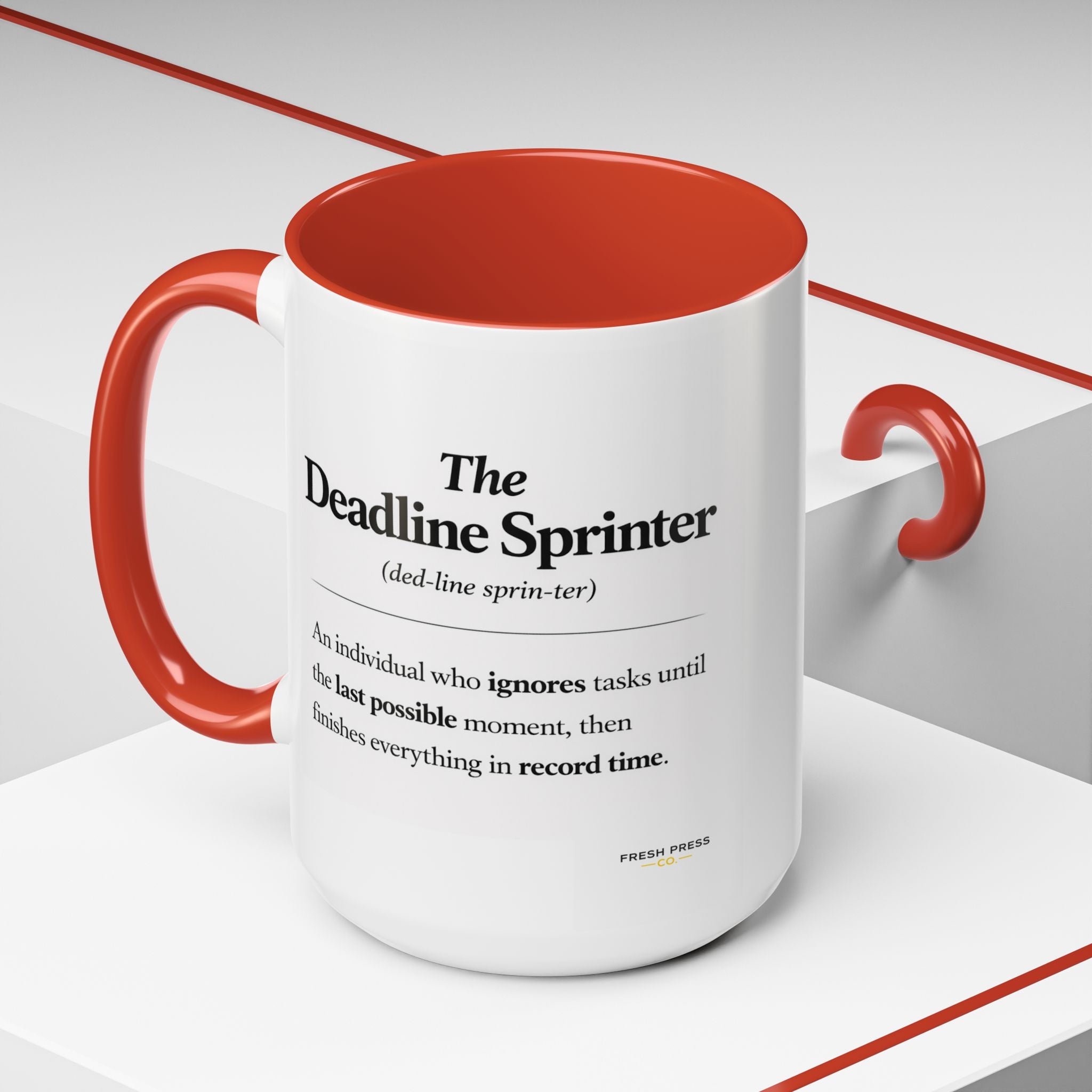"The Deadline Sprinter" Coffee Mug — Funny Espresso Barista Accent Mug (11/15oz)