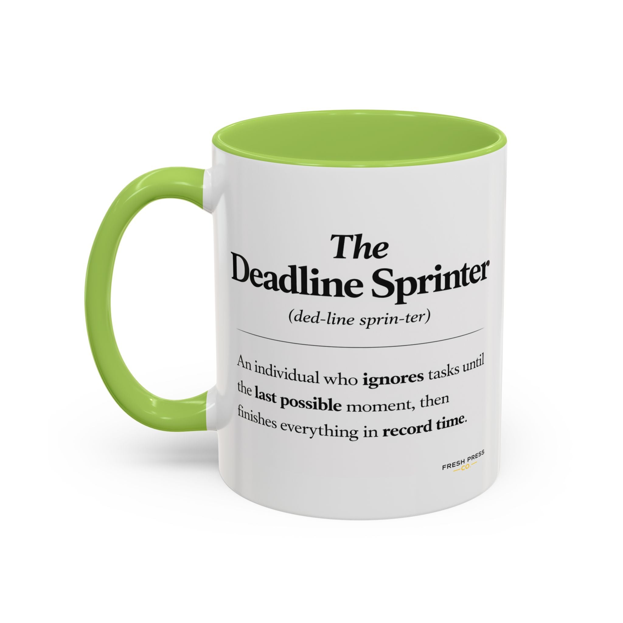 "The Deadline Sprinter" Coffee Mug — Funny Espresso Barista Accent Mug (11/15oz)